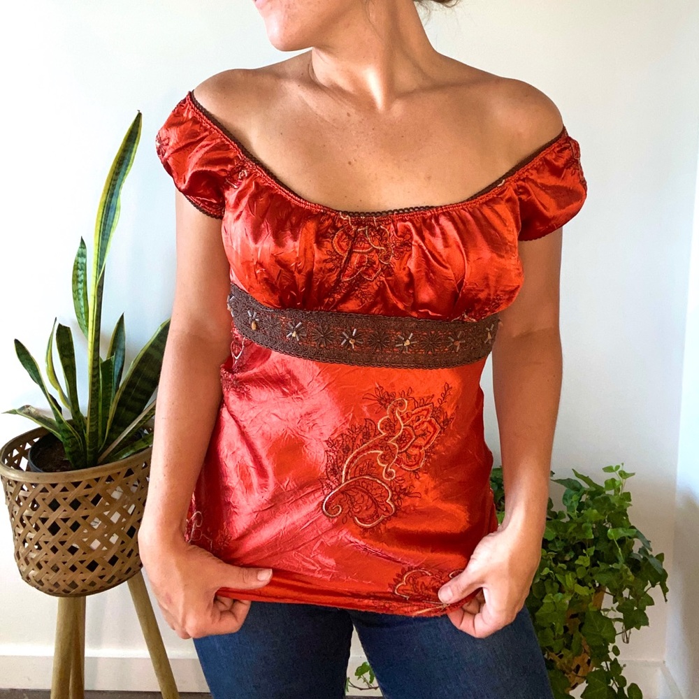 ❤︎ Silky Embroidered Off Shoulder Top ❤︎